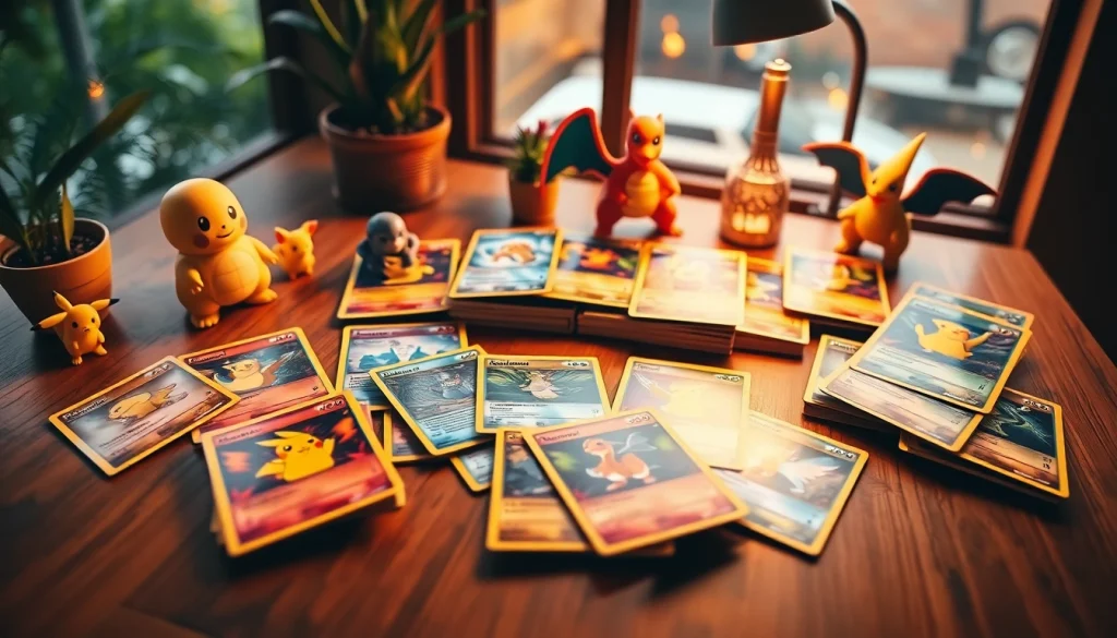Explore vibrant Pokémon cards india collection featuring popular characters on a warm-lit wooden table.